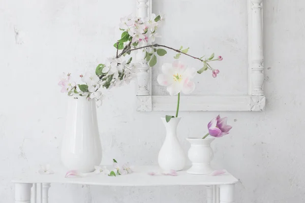 Красивые Весенние Цветы Фоне Белой Стены — стоковое фото