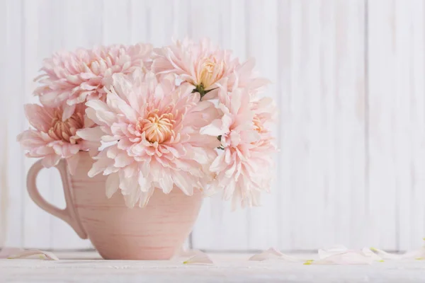 Хризантема Розовой Чашке Белом Деревянном Фоне — стоковое фото