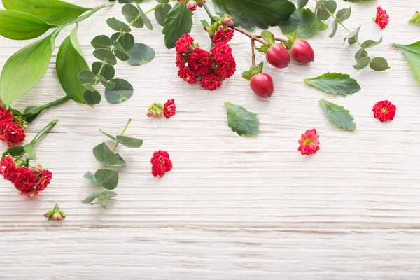 Rote Blüten mit Blättern auf weißem Holzhintergrund — Stockfoto