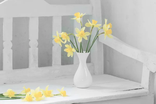 Yellow Flowers Wooden Bench — Stock Photo, Image