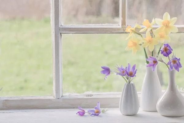 Flores de primavera en el alféizar de la ventana — Foto de Stock