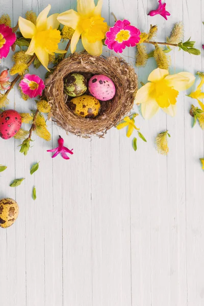 Uova di Pasqua in nido con fiori primaverili su sfondo ligneo — Foto Stock