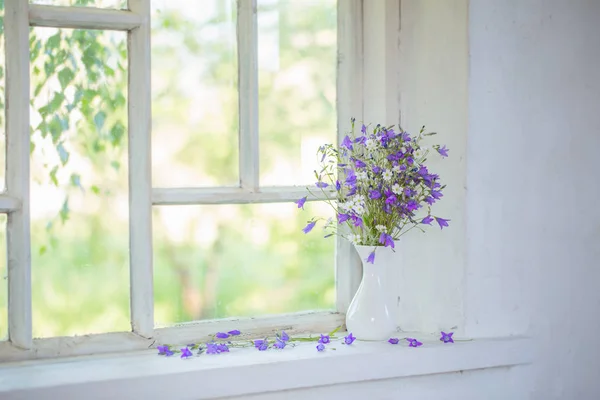 Bluebells in vase on windowsill — Stock Photo, Image