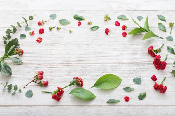 Fleurs rouges avec des feuilles sur fond blanc en bois — Photo