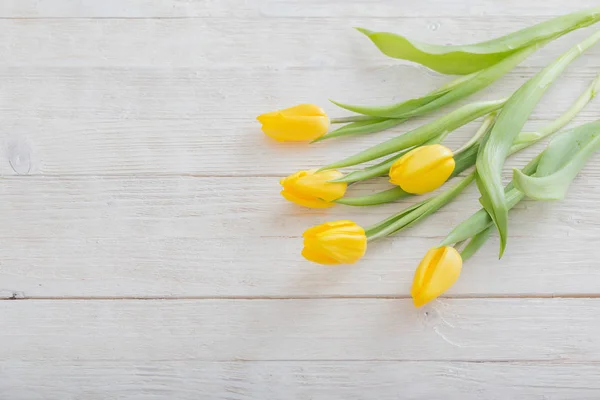 Tulipanes amarillos sobre fondo de madera blanco —  Fotos de Stock