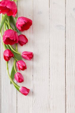 Beyaz ahşap zemin üzerinde pembe laleler