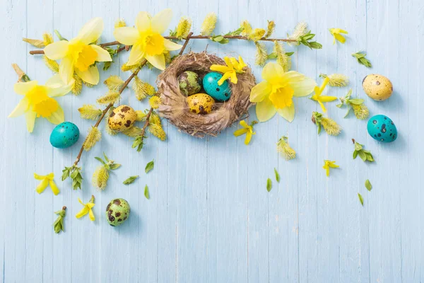 Uova di Pasqua in nido con fiori primaverili su sfondo ligneo — Foto Stock