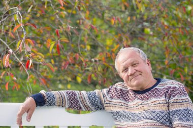 sonbahar Park beyaz bankta oturan yaşlı adam