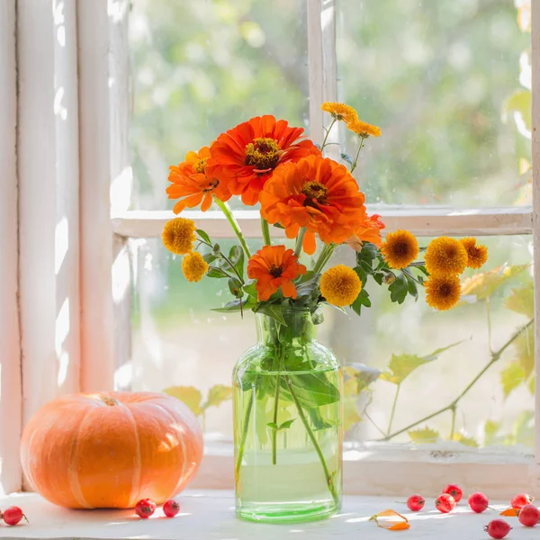 Orange Flowers Pumpkin Windowsill — Stock Photo, Image