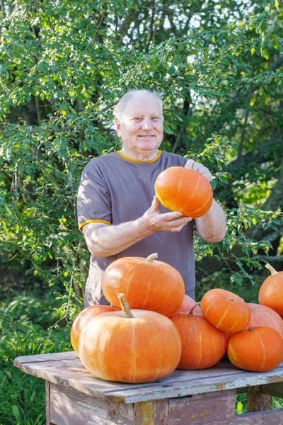 Oudere mannen met pumpinks buiten — Stockfoto