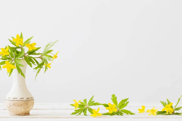 Κίτρινα ανοιξιάτικα λουλούδια σε βάζο σε λευκό φόντο — Φωτογραφία Αρχείου