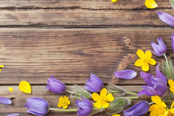 Jarní purpurové a žluté květy na starém dřevěném pozadí — Stock fotografie