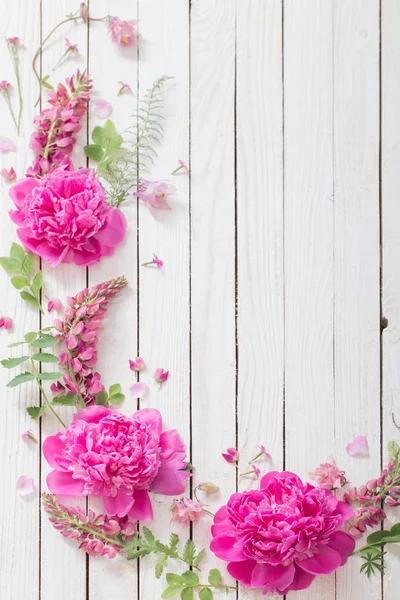 Roze mooie bloemen op witte houten achtergrond — Stockfoto