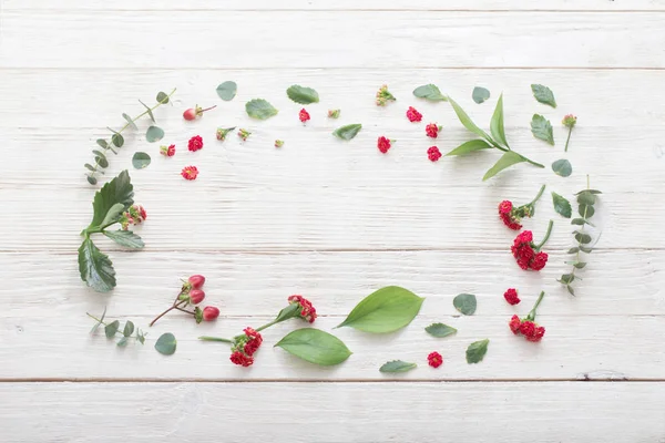 Rote Blüten mit Blättern auf weißem Holzhintergrund — Stockfoto