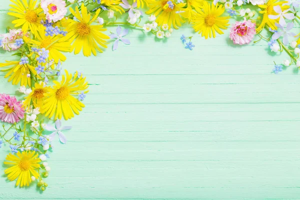 Frame of beautiful flowers on green wooden background — Stock Photo, Image