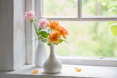 Eski ahşap pencere eşiğinde vazolardaki güzel güller