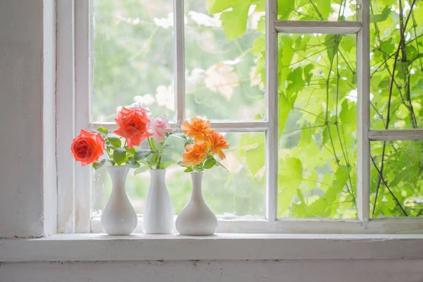 Hermosas rosas en jarrones en el viejo alféizar de la ventana de madera — Foto de Stock