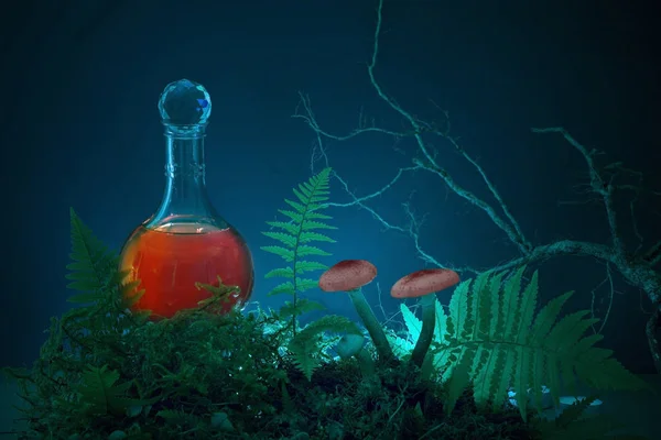 Pozione magica in bottiglia nella foresta notturna — Foto Stock