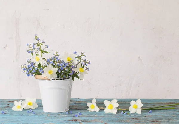 Flores da primavera em vaso branco no fundo branco — Fotografia de Stock