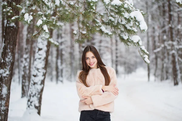 Mooi meisje in winter forest — Stockfoto