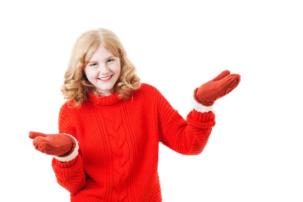 Teen girl in red sweater on white background — Stock Photo, Image