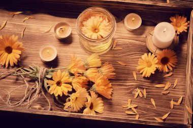 Karanlık Woo üzerinde yanan mumlar ile Calendula tıbbi çiçekler