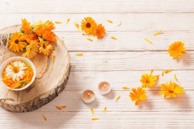  Beyaz ahşap arka planda Calendula şifalı çiçekler