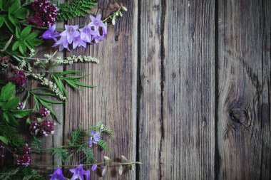 koyu eski ahşap arka planda yaban çiçekleri