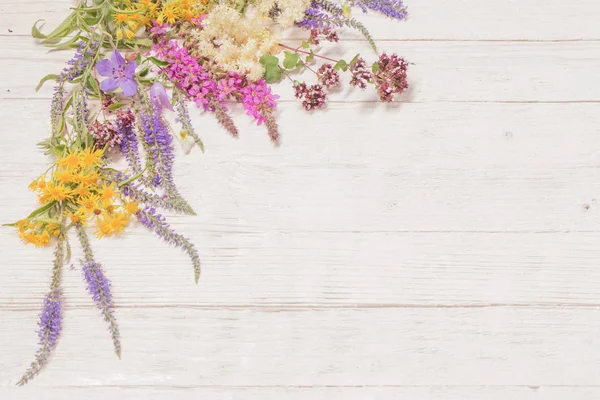 Wilde bloemen op witte houten achtergrond — Stockfoto