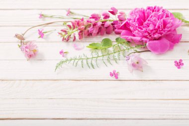 Beyaz ahşap arka planda pembe güzel çiçekler