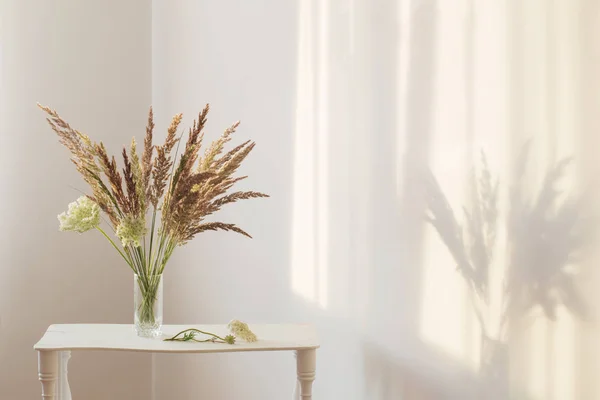 白色室内阳光下玻璃花瓶中的野生草植物 — 图库照片