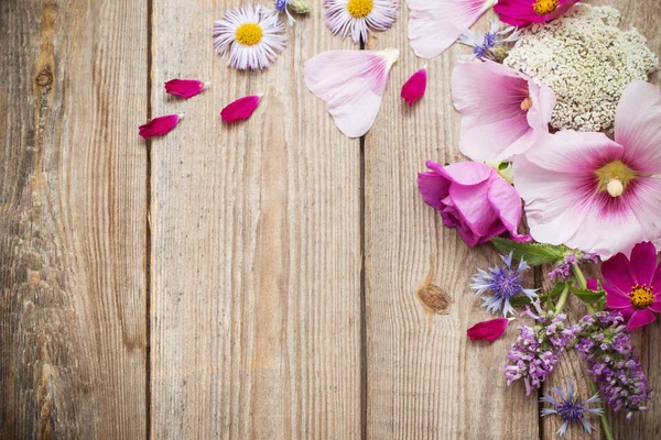 Summer flowers on old wooden background — Stock Photo, Image