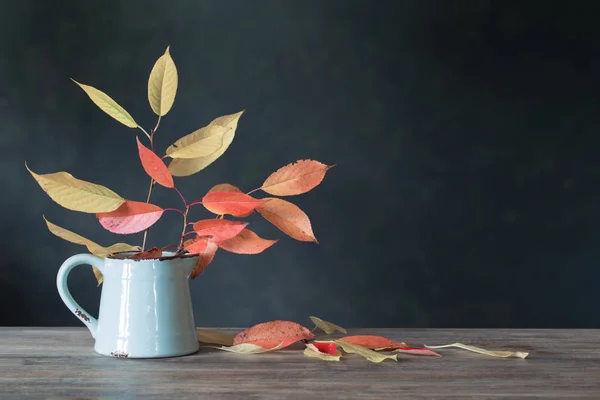 Autumn leaves in jug on wooden table on dark background — Stock Photo, Image