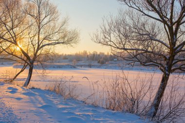 kış sabahı kar ve buz ile