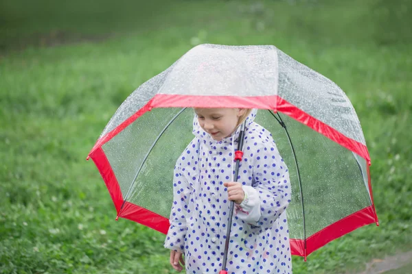 Legrační holčička s deštníkem v dešti — Stock fotografie