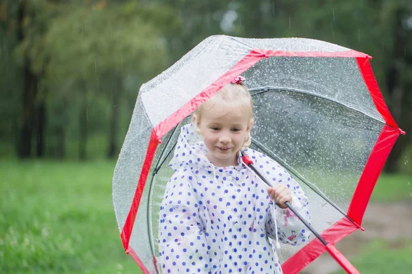Rolig liten flicka med paraply i regn — Stockfoto