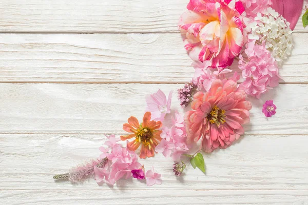 Pink flowers on white wooden background — Stock Photo, Image