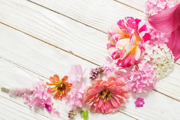 Pink flowers on white wooden background — Stock Photo, Image