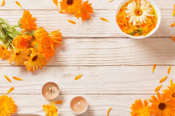  Beyaz ahşap arka planda Calendula şifalı çiçekler
