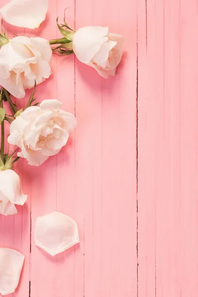 Rosas blancas sobre fondo de madera rosa — Foto de Stock