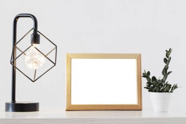 metal siyah lamba, ahşap çerçeve ve beyaz iç bitki