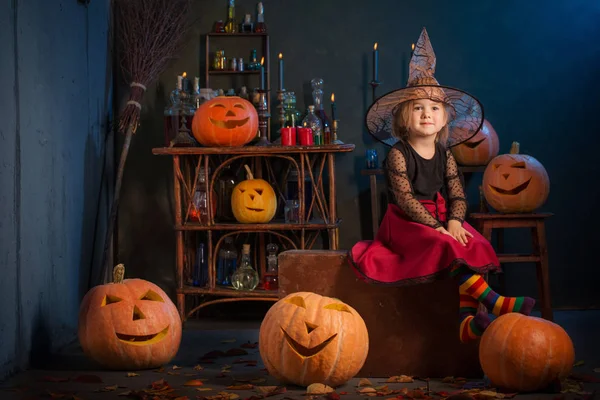 Kleine Hexe mit Halloween-Kürbissen drinnen — Stockfoto