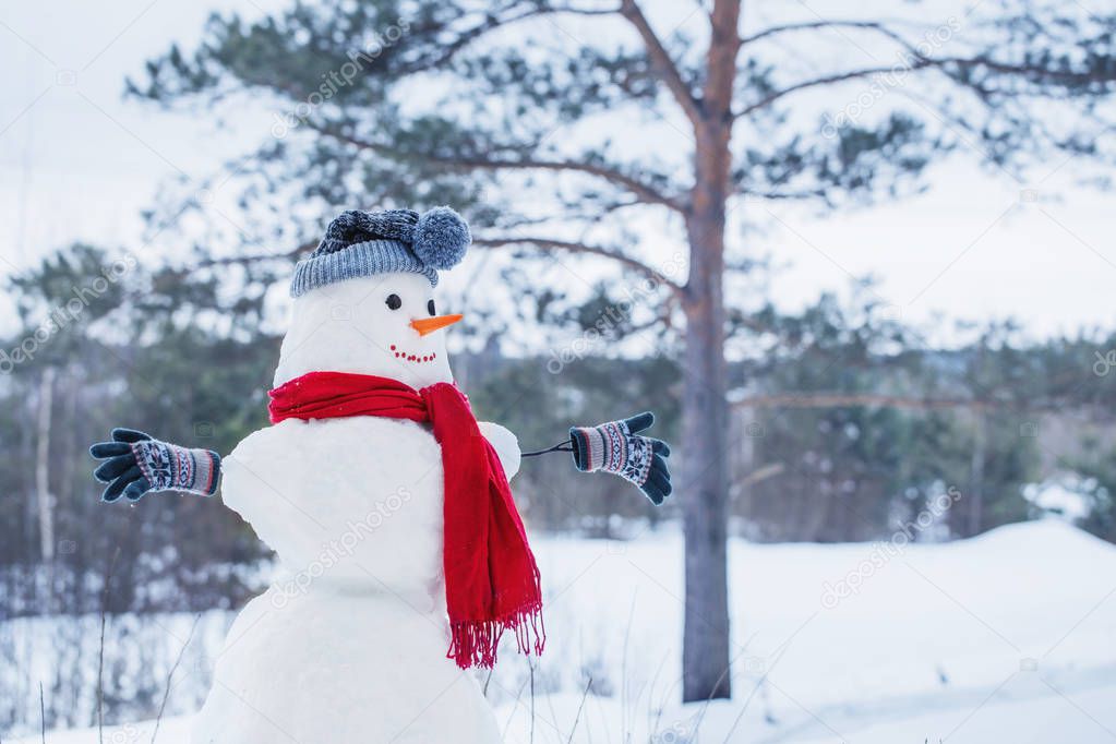 snowman in red scarf in forest 