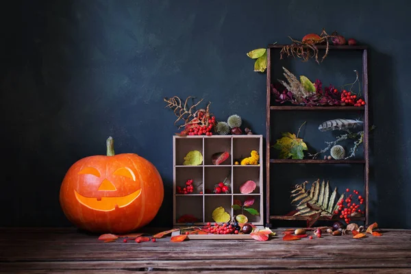 Abóbora de Halloween com decorações naturais de outono em backgr escuro — Fotografia de Stock