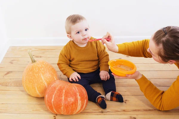 Mama füttert ihr Baby-Kürbispüree — Stockfoto