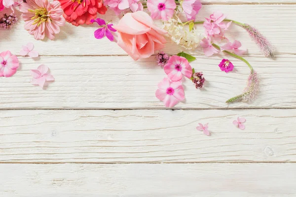 Pink flowers on white wooden background — Stock Photo, Image