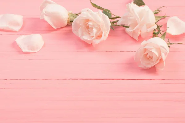 Białe róże na różowym drewnianym tle — Zdjęcie stockowe