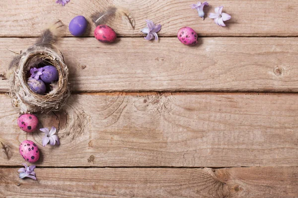 Oeufs de Pâques dans le nid sur fond en bois — Photo