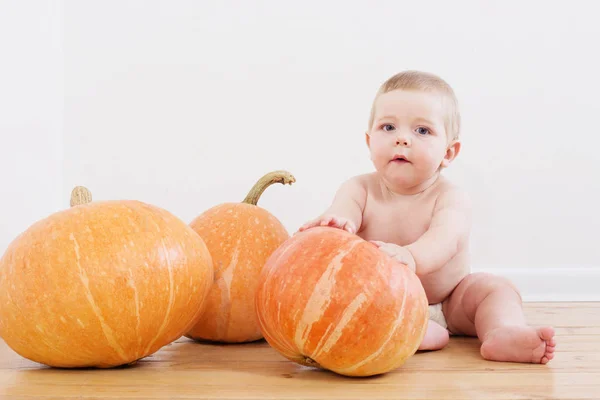 Niño pequeño con calabazas en el suelo de madera — Foto de Stock