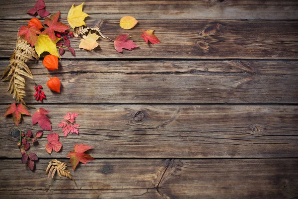 暗い古い木の背景に秋の葉 — ストック写真